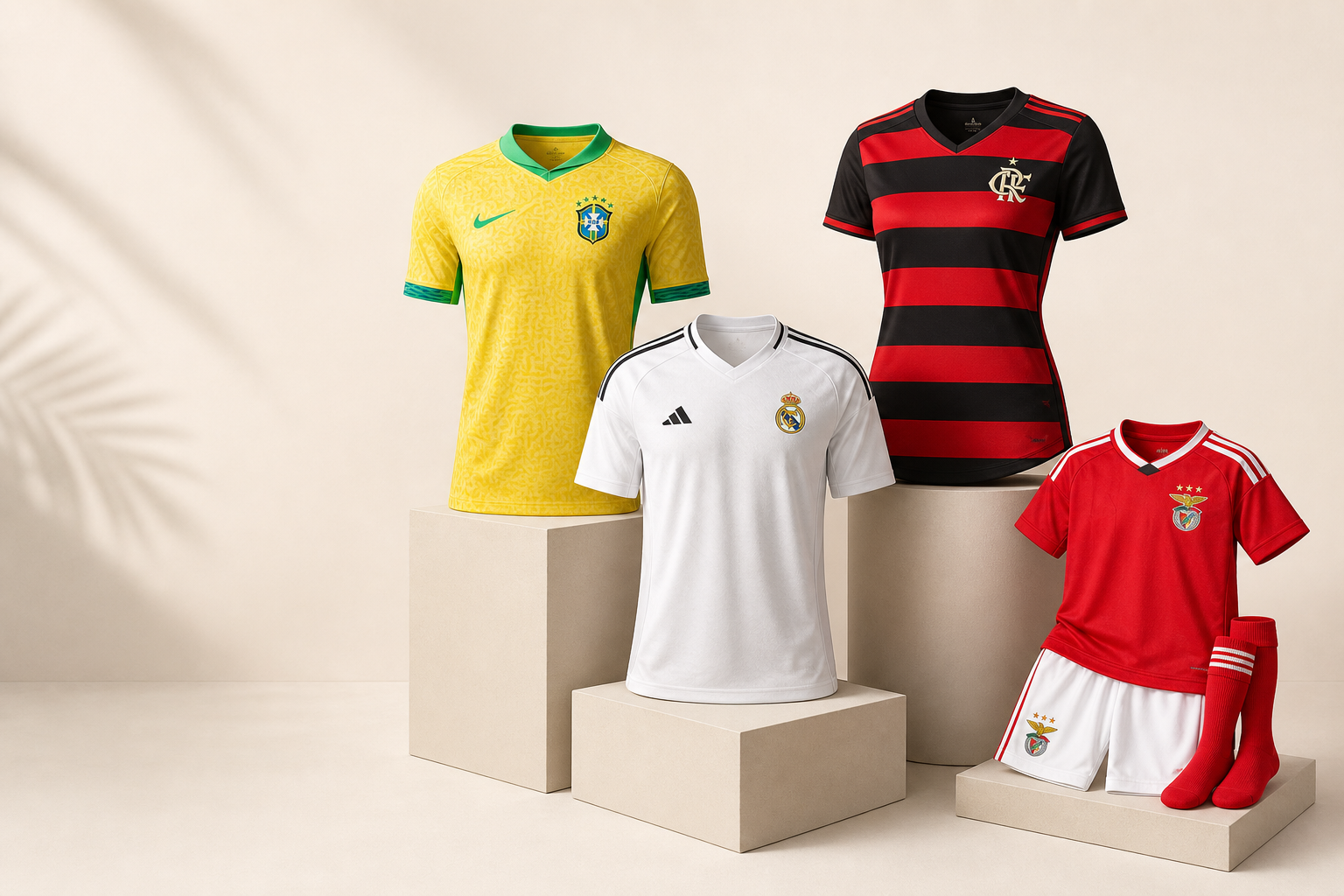 Camisolas do Brasil, Real Madrid e Flamengo, com kit infantil do Benfica, em estúdio